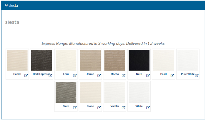 Roller Blind Blockout Siesta Colour Chart